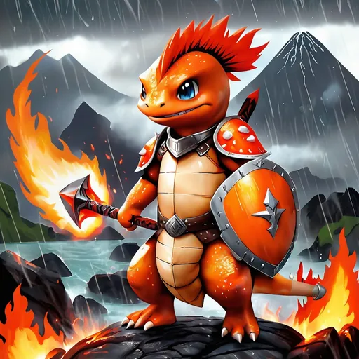 Prompt: Warrior in Charmander armor which is orange and tan scaled with a flaming spear, in monster hunter style, Masterpiece, Best Quality, background volcano in the rain