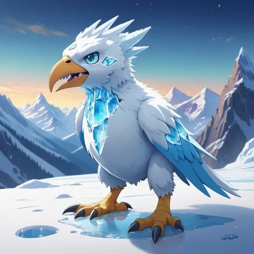 Prompt: A digimon who's always covered in snow and it melts when exposed to sunlight and it has a icicle hanging from its beak, colors are primarily ice-white and ice-blue, background snowy mountain at night, in Pixar art style