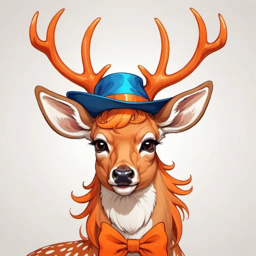 Prompt: deer with vivid orange fur and antlers that end in swirly circles a silly hat on it's head that is orange with a blue bow and tan lips and teeth, in visual novel art style