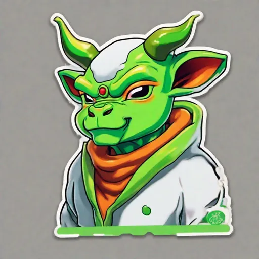 Prompt: Namekian Cow, vivid green fur with a orange and red belly fur, pointed ears, and alien green antennae, masterpiece, best quality, in sticker art style
