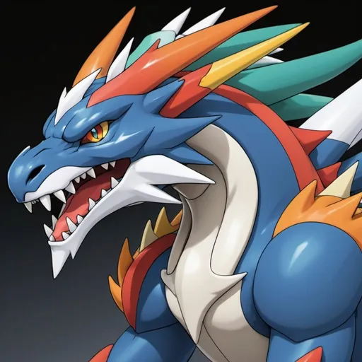 Prompt: Airdramon with blue-green deep-blue white red-orange and yellow palette in Ken Sugimori art style