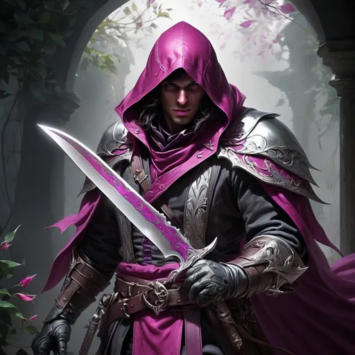 Prompt: A assassin lurking in the shadows with a mythril knife of silver and fuchsia ready, best quality, masterpiece