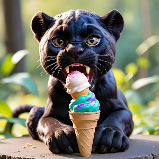 Prompt: Black Panther eating a icecream cone,