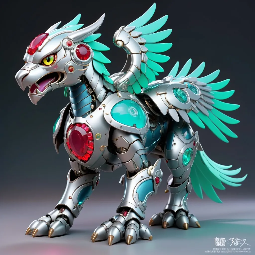 Prompt: Gryphon dusky blue and covered in mecha silver armor with neon sea-green markings and ruby gems, masterpiece, best quality, in 3d anime art style
