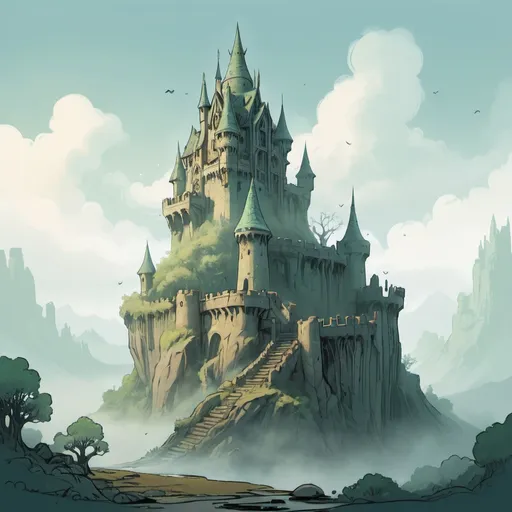 Prompt: A elven castle in the mist undone and not fully formed in Skottie Young art style
