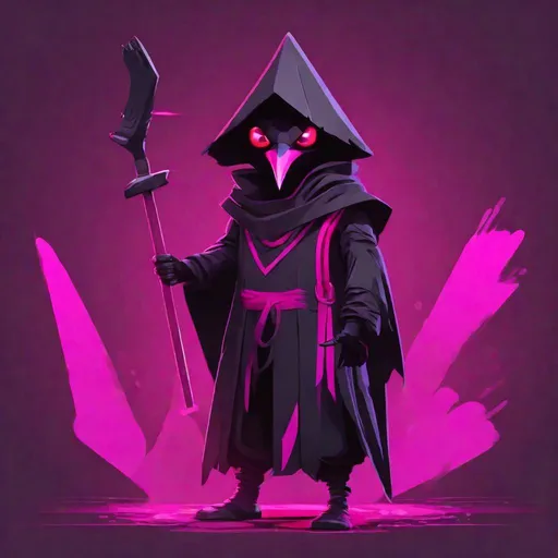 Prompt: Kenku, Wearing Rubber Suit, jet black and fuchsia with a magenta glow, masterpiece, best quality, in flat design art style