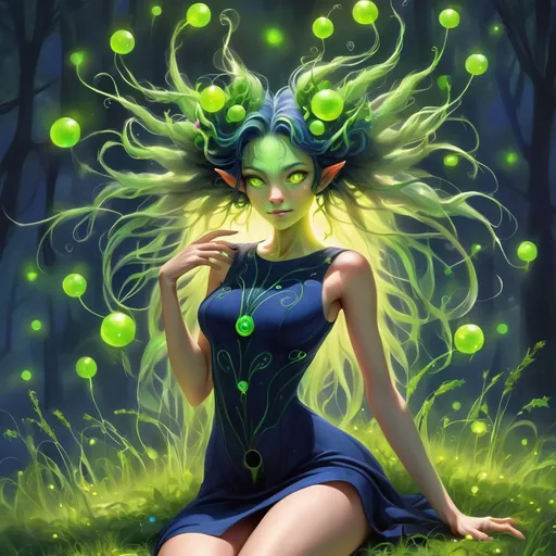 Prompt:  A Dryad-like creature with grass-green tendrils antennae and mane in a short sleeveless dress without a fitted waist that is navy blue and black in color with glowing yellow orbs