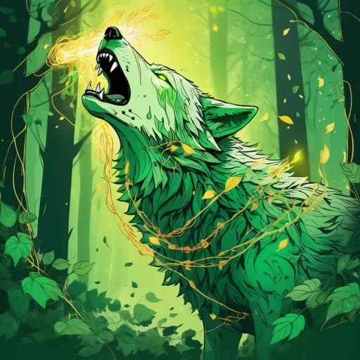 Prompt: Vivid green wolf covered in vines and leaves opening their mouth and firing a beam of glowing gold and green out, in scribble art style, background forest
