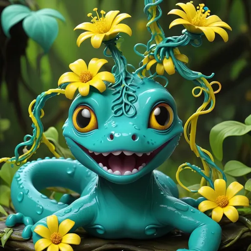 Prompt: Gecko made of teal slime with a yellow and teal flower on their head dripping with teal slime and tangling things with vines, background jungle, Masterpiece, Best Quality