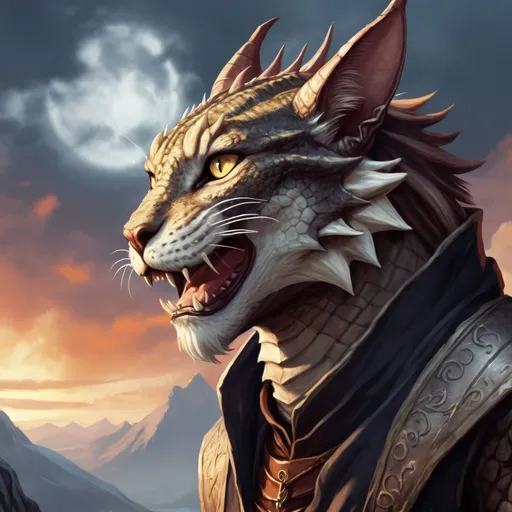 Prompt: A Khajiit by a dragonhorn and when it is activated dragons fall from the sky, In Visual Novel Art style