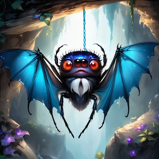 Prompt: Jumping Spider of various shades of blue with glowing white eyes and bat wings hanging upside down in a cave, masterpiece, best quality
