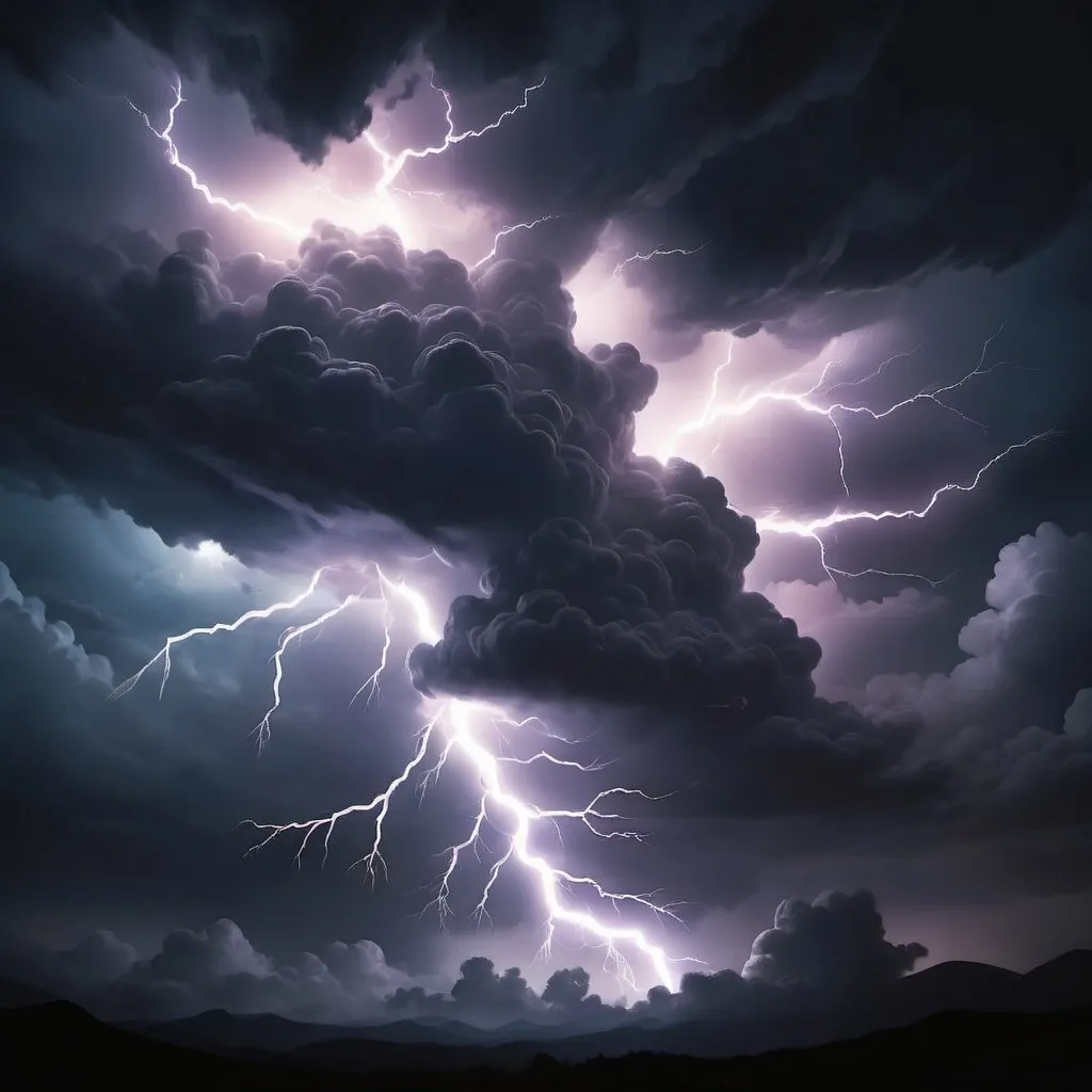 Prompt: Lightning streaking across clouds and darkness in creature art style