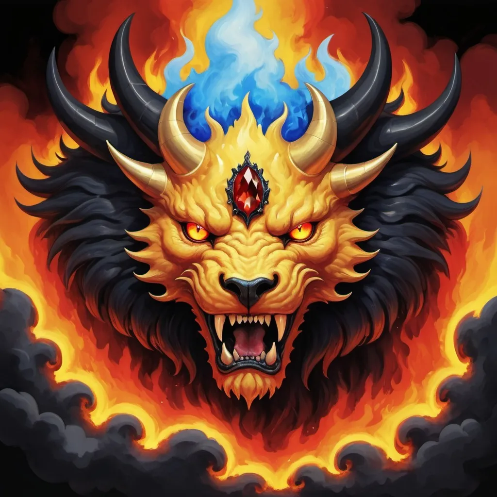 Prompt: A behemoth wreathed in yellow gold and red flames with solid white eyes surrounded by ebony black and a blue flame gem on head and covered in flame clouds, background inferno, in conceptual art style