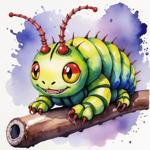 Prompt: Caterpillar of Riddles in watercolor painting  digimon art style