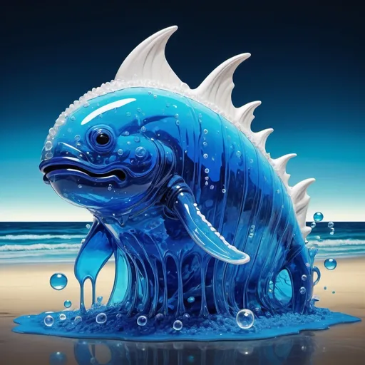 Prompt: A behemoth made of vivid blue water with white bubbles within and has fins and dripping with blue slime, background night beach, in vibrant glass art style