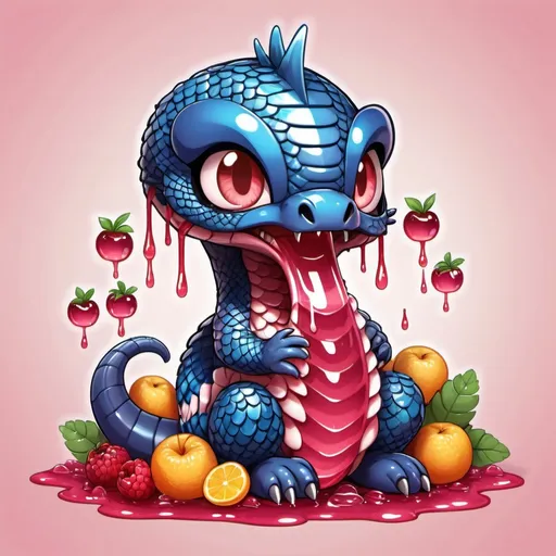 Prompt: cobra covered in scales and feathers and dripping with fruit jelly in chibi art style