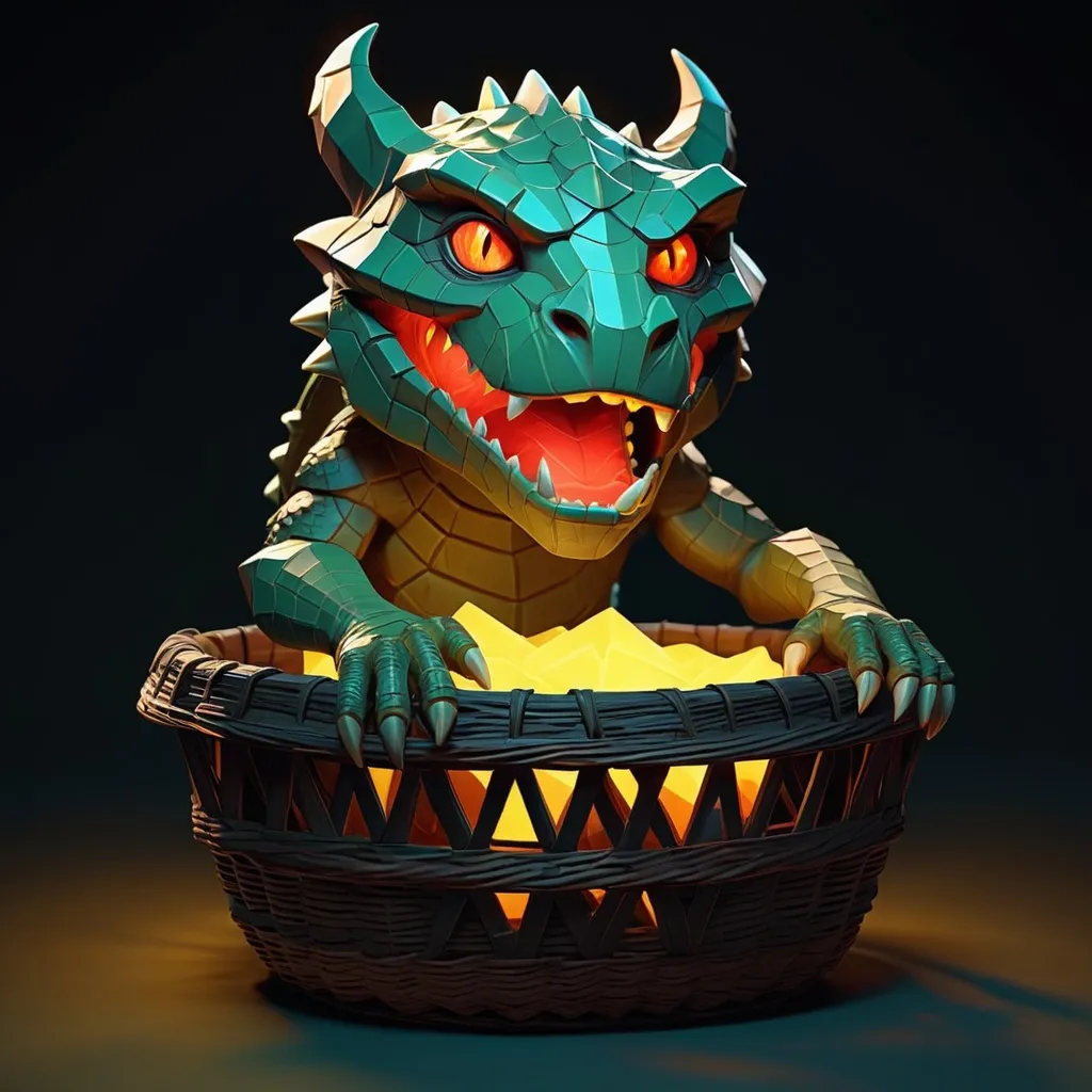 Prompt: Argonian Basket with the lid on but glowing eyes peak out from the darkness inside, in low poly art style