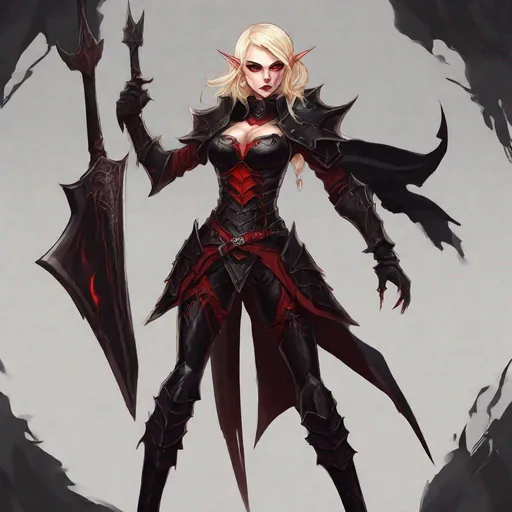 Prompt: High Elf Vampire female, short jagged light blonde hair intense crimson eyes and dressed in full body dark vampire style armor of black and red, best quality, masterpiece, in cartoon art style
