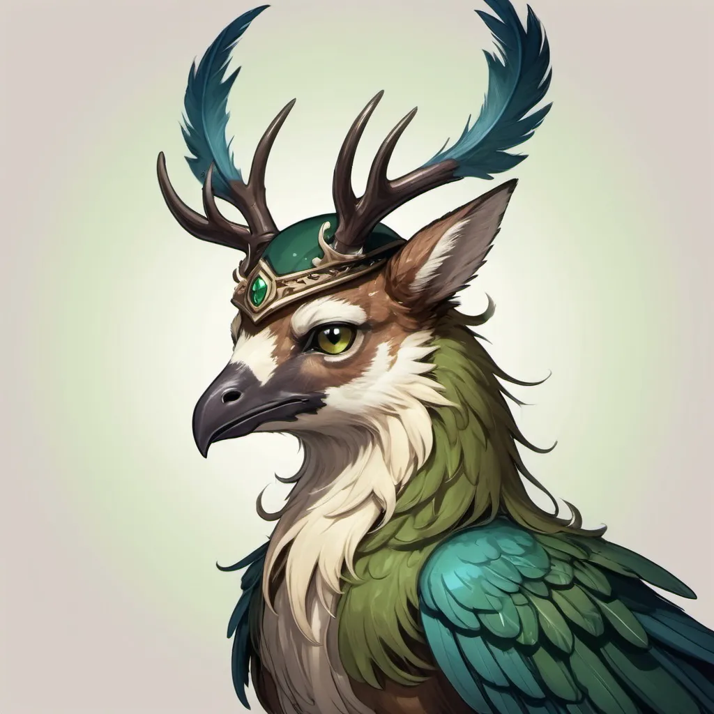 Prompt: deer with brown fur and cream feathers with feathered wings and dark green feathered cap and green-blue antlers made of snot that sweep back and droop down, in visual novel art style