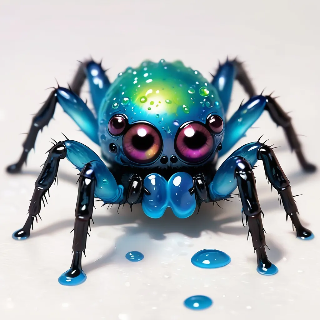 Prompt: Jumping Spider made of iridescent blue slime looking cute and dripping with slime, masterpiece, best quality