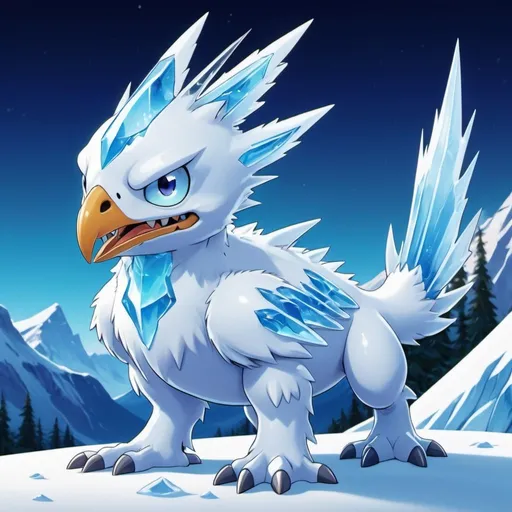Prompt: A digimon who's always covered in snow and it melts when exposed to sunlight and it has a icicle hanging from its beak, colors are primarily ice-white and ice-blue, background snowy mountain at night, in Pixar art style