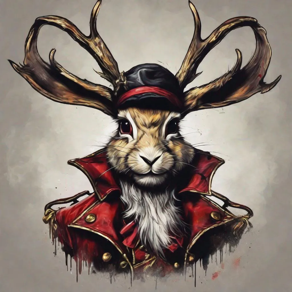 Prompt: Captain Hook Jackalope, Evil dashing pirate, hook for a hand, masterpiece, best quality, in spray paint art style