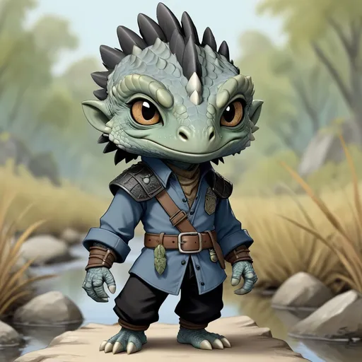 Prompt: Abijoo-Anoo is an argonian traveler with dull brown-gray scales and black feathered crest wearing simple black pants and long sleeve blue traveling shirt with a belt, in chibi art style, background marsh road
