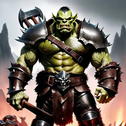 Prompt: Orc in Leather Helm and leather armor with a big axe looking fierce