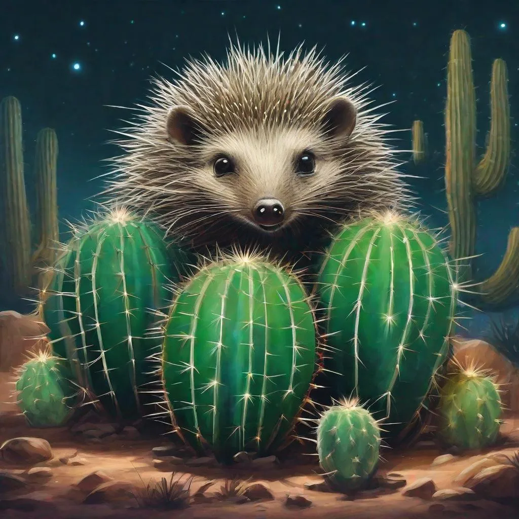 Prompt: Alik'r Cactus with a hedgehog peering out, In bioluminescence art style, best quality, masterpiece