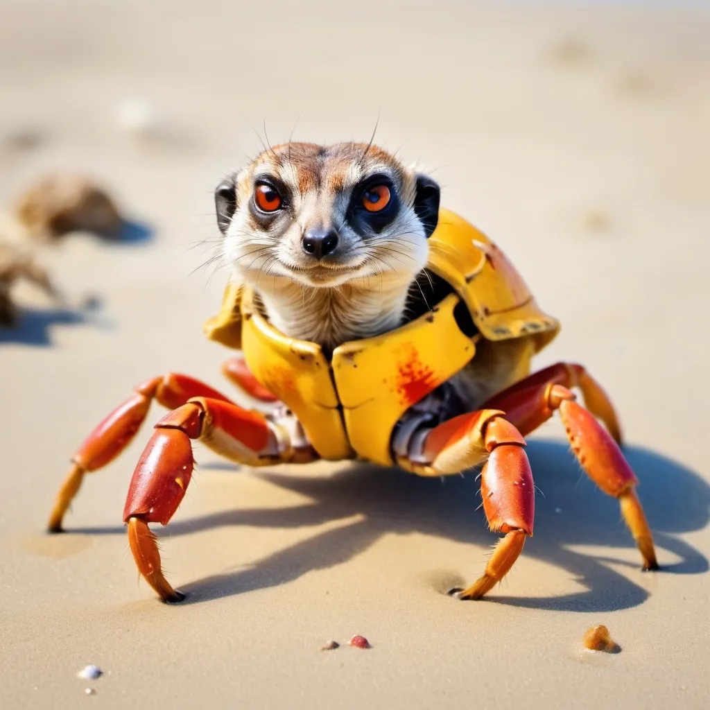 Prompt: MeerKat-Fiddler Crab hybrid, yellow fur with bright orange chitin armor and stalk crab eyes legs and crab pincers, background sunny beach, in watercolor painting art style