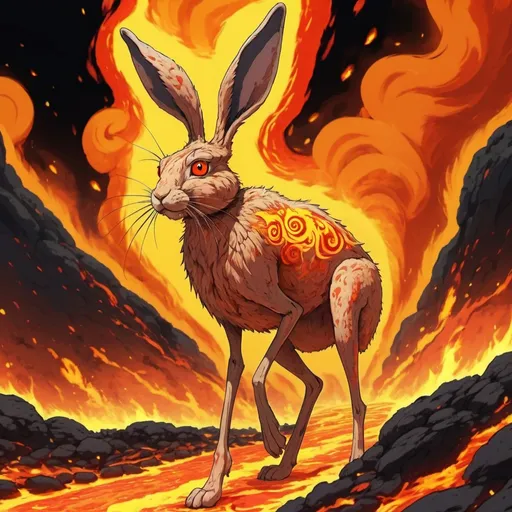 Prompt: Hare with yellow fur that is swirls of red and orange with very long daddy-long-legs walking on lava of a burning world, in anime 2d art style
