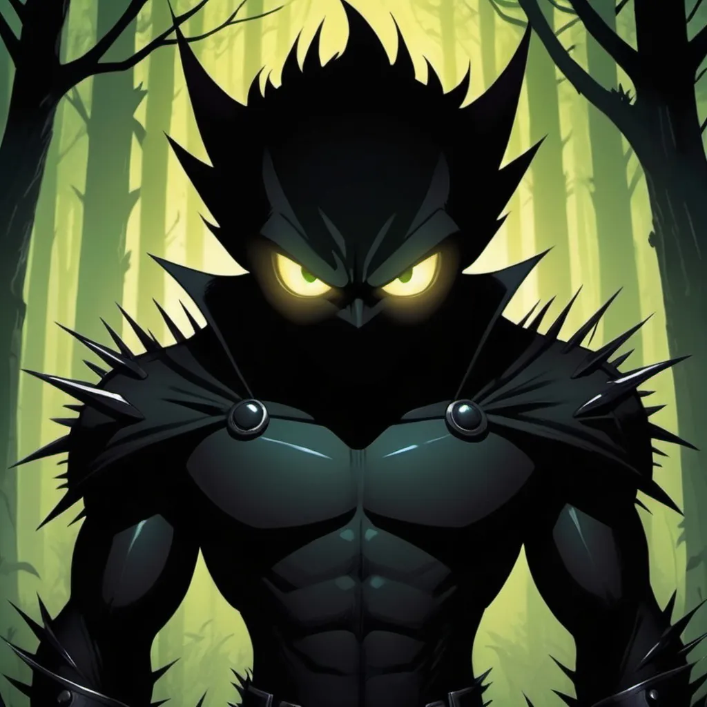 Prompt: Shadow with spikes and glowing eyes , in dc comics art style, background forest