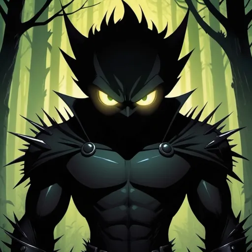 Prompt: Shadow with spikes and glowing eyes , in dc comics art style, background forest