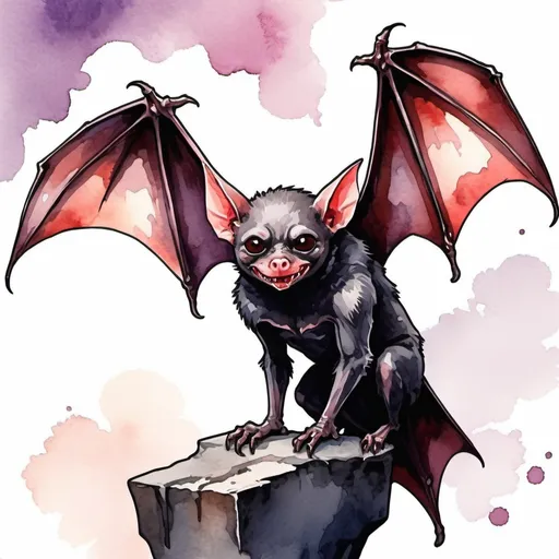 Prompt: Vampire Bat perched, in watercolor anime art style
