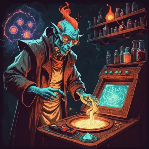 Prompt: A Mad Scientist Dunmer making Alchemical magical things, in retro arcade art style
