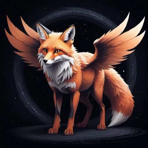 Prompt: Maw Fox wandering the void in winged art style
