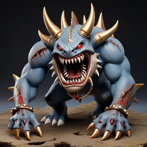 Prompt: Shark abomination in grey-blue and brown with horns and claws and golden ring piercings and red eyes and covered in scars, best quality, masterpiece