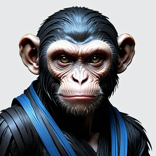 Prompt: black and blue monkey who's head is wrapped in venomous ribbons in sith art style
