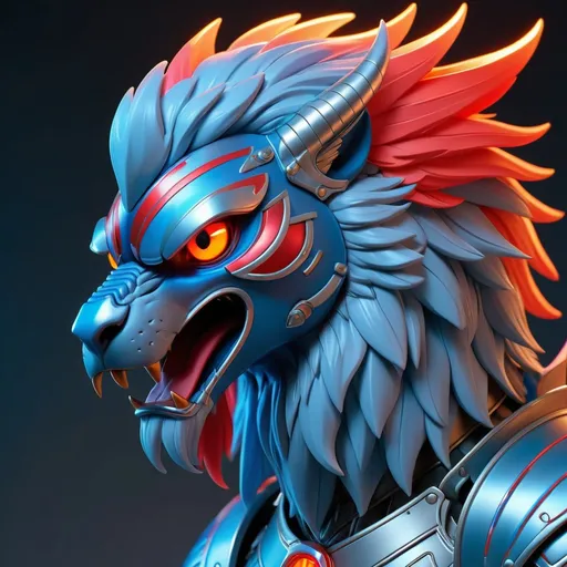 Prompt: Gryphon dusky blue with neon blue lines and a fiery pastel mane with red eyes and covered in silver armor with neon blue, masterpiece, best quality, in 3d anime art style
