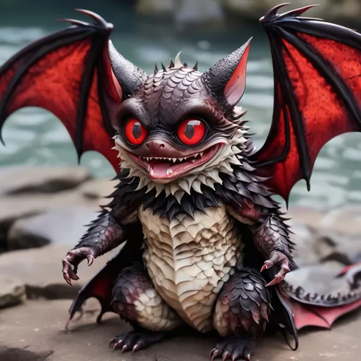 Prompt: Eel covered in dark brown scales and tufts of fur with crazy red and black eyes and bat wings, masterpiece, best quality