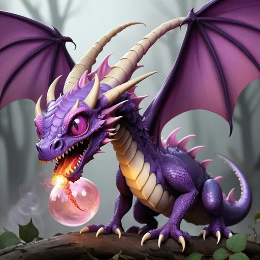 Prompt: Bubblegill Dragon with rose and purple scales insect-like wings and a leaf-like tail a large cranium with bumpy horns and fire a massive barrage of bubbles which entrap prey, in Creepypasta style, best quality, masterpiece