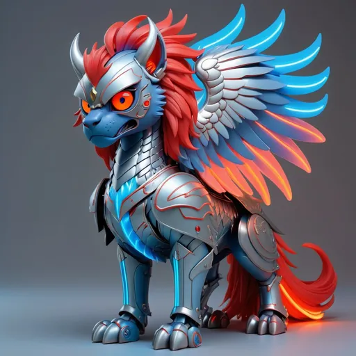 Prompt: Gryphon dusky blue with neon blue lines and a fiery pastel mane with red eyes and covered in silver armor with neon blue, masterpiece, best quality, in 3d anime art style
