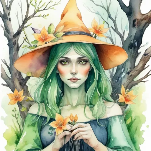 Prompt: Spring Source Witch Ficsis in fantasy watercolor painting art style