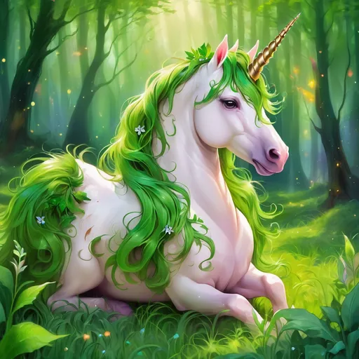 Prompt: Blessings Unicorn with grass-green fur and a mane and tail of vivid green leaves, background magical forest, masterpiece, best quality