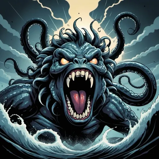 Prompt: Thunderous Roar in tentacle dark comic art style