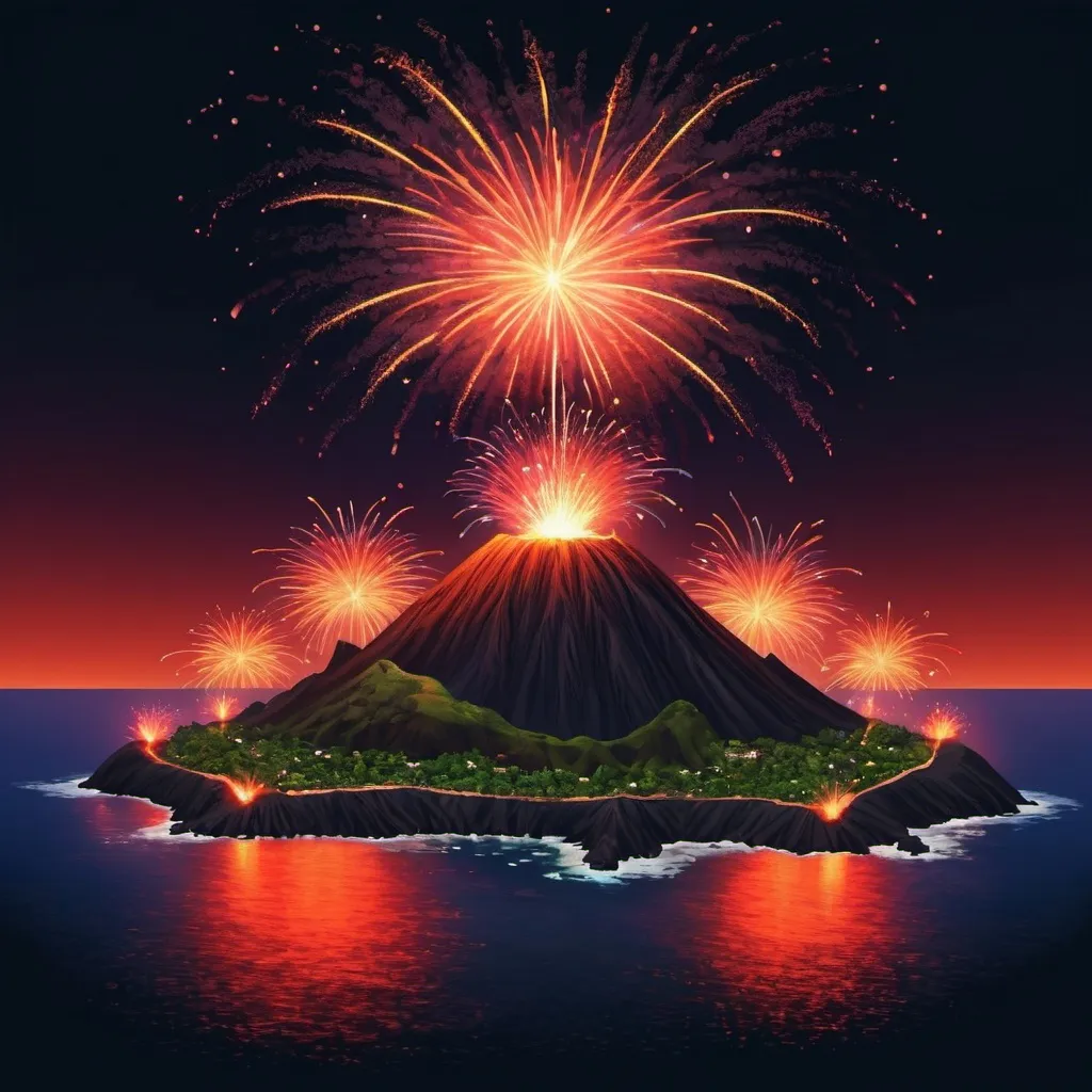 Prompt: Volcanic Island in fireworks art style