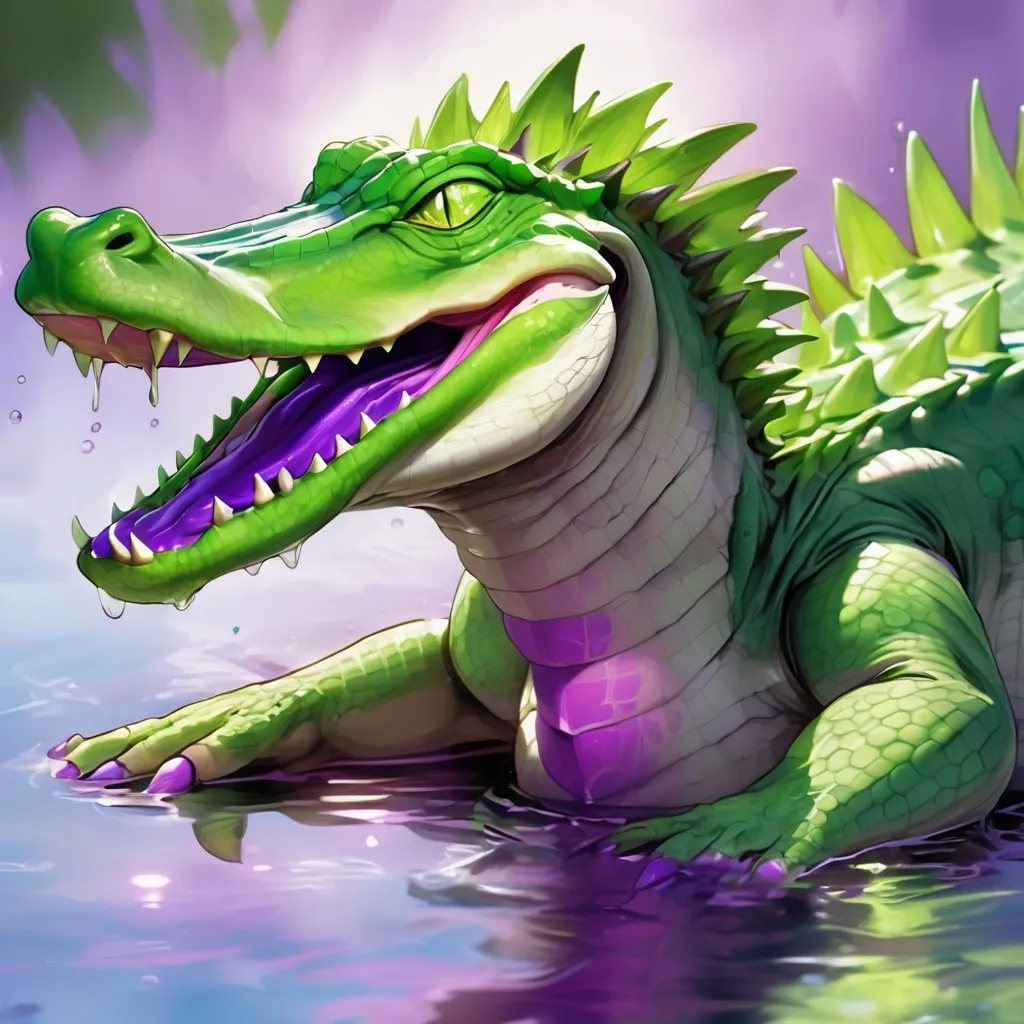 Prompt: Alligator with vivid green scales spiked head long purple tongue that floats through the air