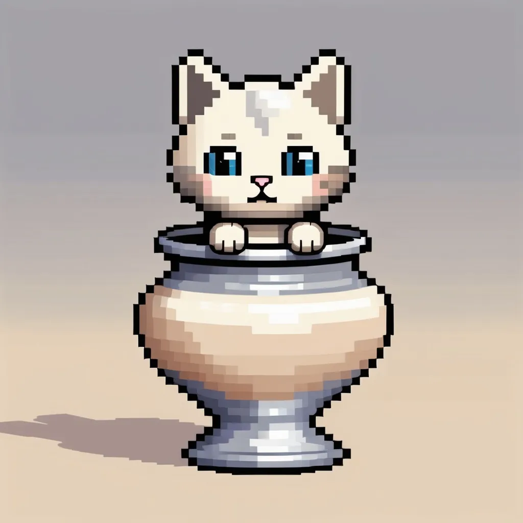 Prompt: A delicate vase of cream and silver and peaking out of the top is the worlds tiniest cat, in pixel art style
