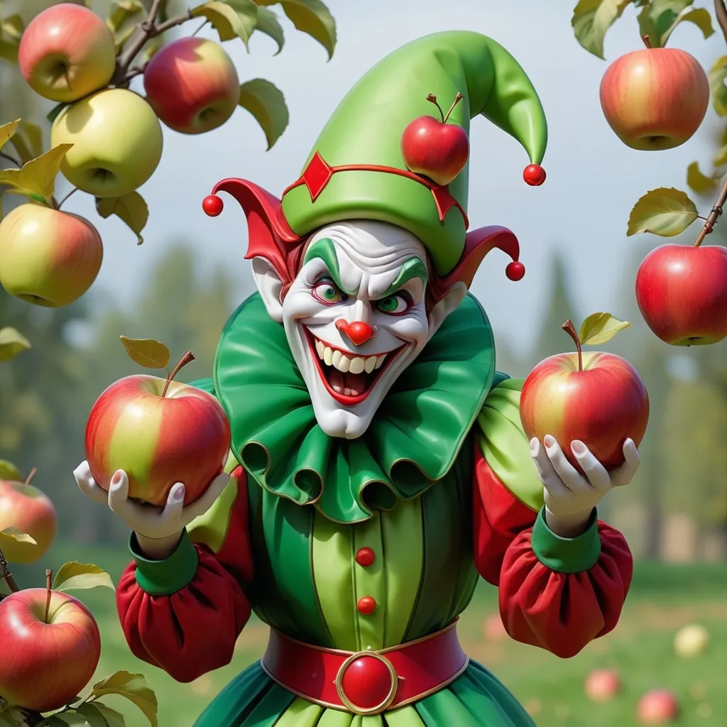 Prompt: Jester, costume colors are clear green and translucent red, apples, background giant apples, masterpiece, best quality