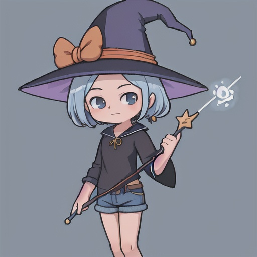 Prompt: Witch, color Denim blue, witch hat, witch outfit with jean shorts, wand with a cloud ontop, best quality, masterpiece, background under a overcast sky 